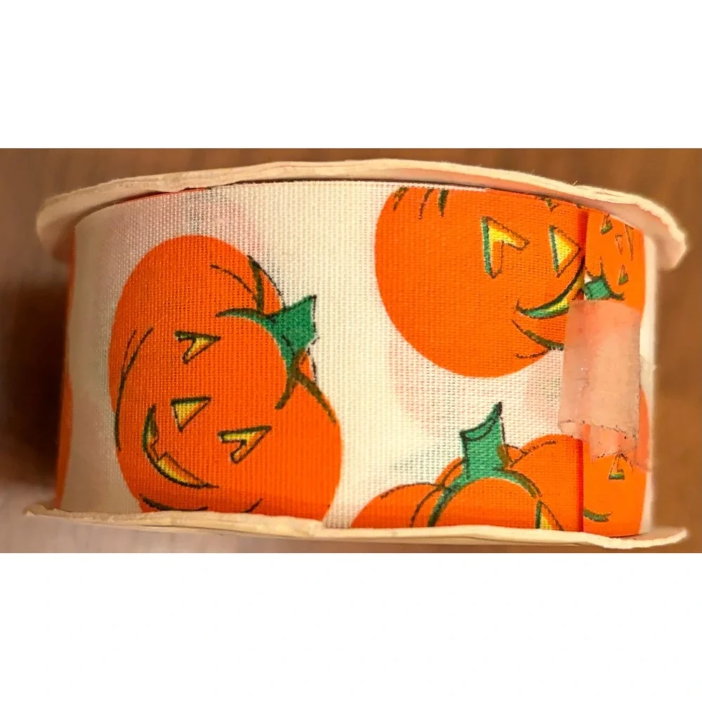 VINTAGE Halloween Jack-O-Lantern Pumpkin Fabric Ribbon 1.375in x 12ft 3295